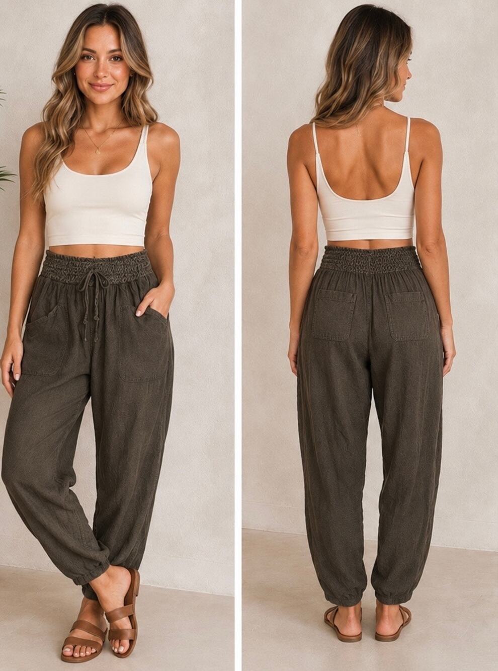 American Original Rewash Army Green Smocked Waist Boho Harem Pants Sz L Rayon